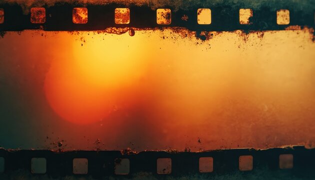Abstract orange warm light flares on damaged old film strip texture. Vintage film grain, scratches and dirt create retro aesthetic. Cinematic overlay adds nostalgic feel.