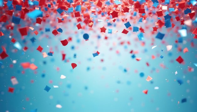 Vibrant red, blue confetti pieces shower down from above. Tiny squares, stars, circles flutter. Bright paper shapes create festive party background, evoking joyful mood for celebration, national - Powered by Adobe