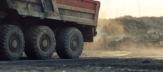 Obraz premium Dump truck carrying materials on a construction site, symbolizing the movement and progress of the project