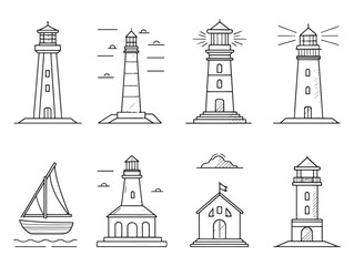 Lighthouse and Boat line art guiding light