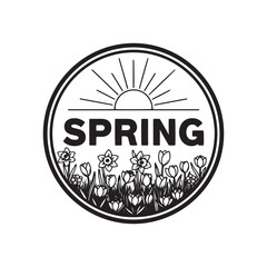 Spring season blooming flowers sun rays black white emblem art