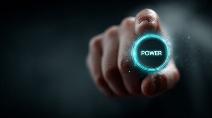 Human Finger Activating Glowing Power Button With Digital Energy