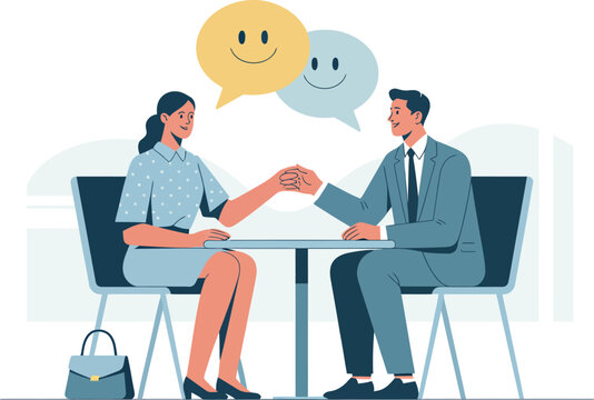 Two business professionals shake hands across a table, symbolizing agreement and positive communication.