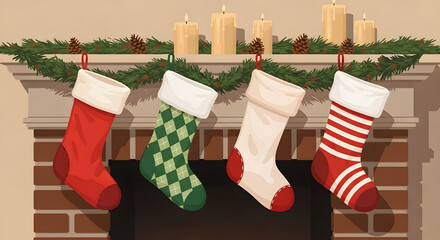 Festive Christmas stockings hanging on a mantelpiece with evergreen garland and candles