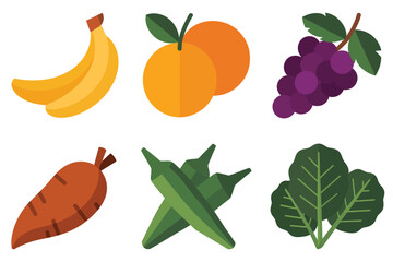 Flat vector icons for harvest fruits, featuring banana, orange, grapes, carrot, chili pepper, and leafy greens,