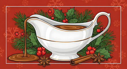 Delicious Brown Gravy Pouring into a White Gravy Boat Surrounded by Festive Christmas Decorations