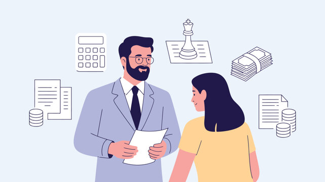 A business professional discusses financial strategy with a client, surrounded by symbolic elements of finance.