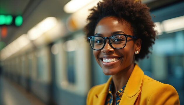 Young African American businesswoman with short hair and glasses smiles in subway train. Female commuter wears yellow blazer, travels to work in urban city. Pro woman rides public transport. - Powered by Adobe