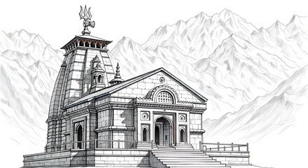 Fototapeta premium Detailed architectural drawing of a temple with mountains in the background