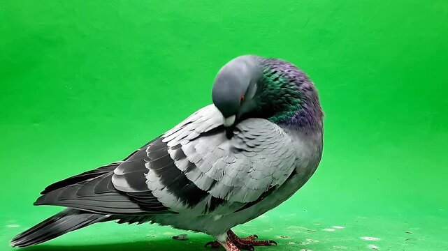 Gray Pigeon Preening Feathers on Vibrant Green Screen Background Isolated Wildlife Footage