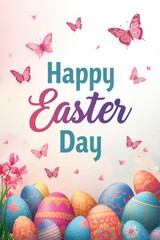 Happy easter day greeting with colorful eggs and butterflies