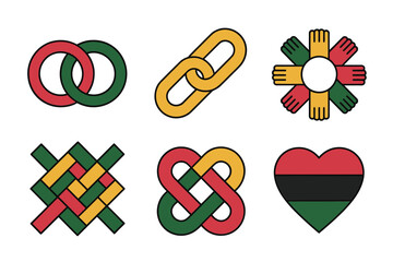 Detailed flat vector icons for cultural symbols, showing Adinkra patterns, links, heart, and African pride,