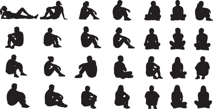 Silhouette of people sitting in various poses on a, creating a diverse collection of human figures in different positions, perfect for design