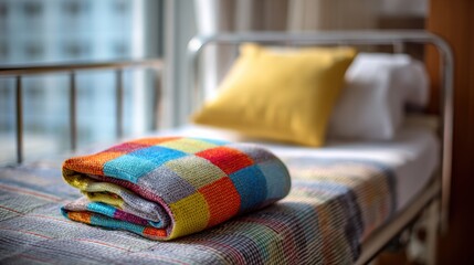 Cozy bed scene with a colorful blanket and yellow cushion, ready to provide comfort and warmth for restful nights.