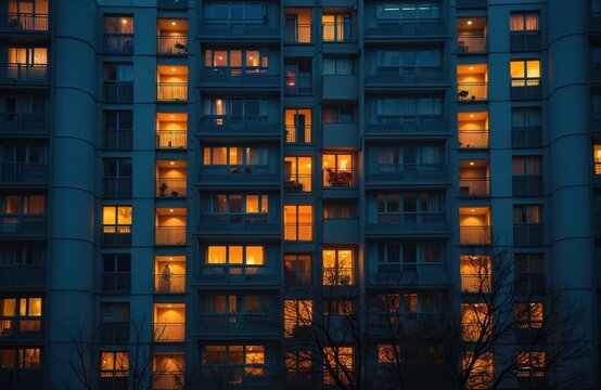 Modern apartment building exterior at dusk with illuminated windows, balconies. Residents inside homes with lights on. Balconies plants, furniture. Trees visible in front of building.