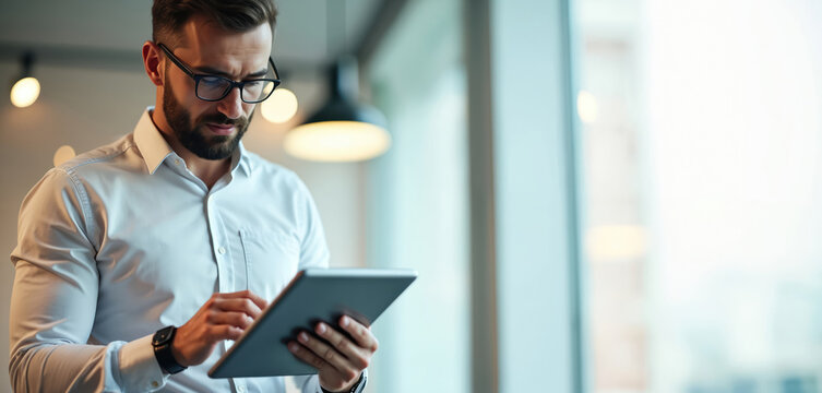 Bearded businessman in glasses uses tablet device. Man works in modern office with digital app and screens. Pro checks schedule and plans business.