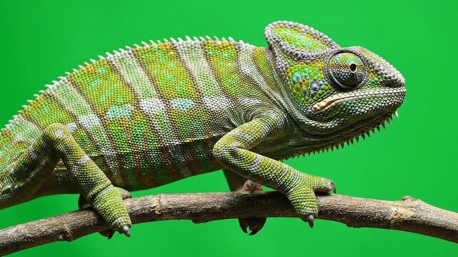 Green Chameleon Perched on Branch with Vibrant Solid Green Background Detailed Texture and Lighting