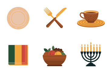 Detailed flat vector icons for festive table setting, showing plate, cutlery, cup, fruit bowl, and Kinara candle holder,