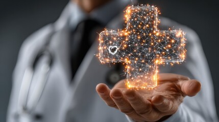 Doctor Holding Digital Healthcare Symbol Glowing With Data Particles