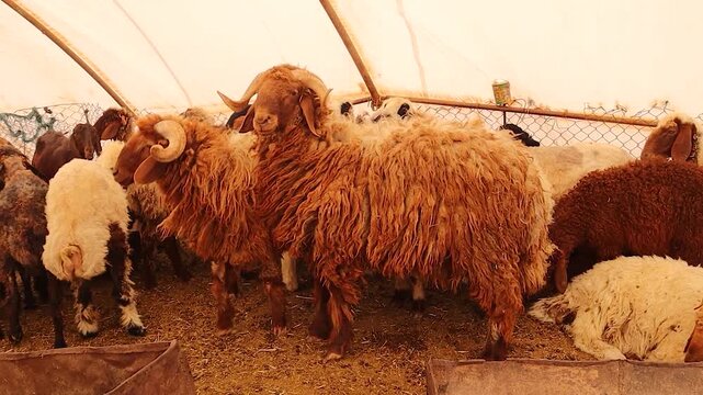 Beautiful Awassi sheep with thick golden wool inside a Bedouin nomad&rsquo;s mobile tent barn in Syria. Symbol of rural heritage, sustainable farming, and authentic desert life.
