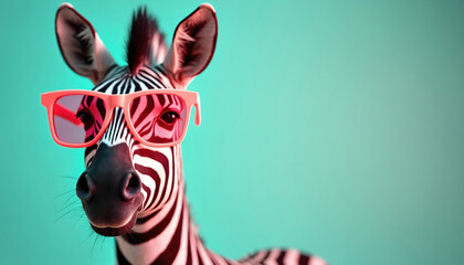 Zebra wearing bright pink sunglasses against vibrant green backdrop. This artistic animal portrait has strong graphic elements. The surreal photo shows playful, creative, fashionable zebra.