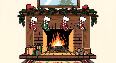 Cozy Christmas Fireplace with Stockings and Gifts