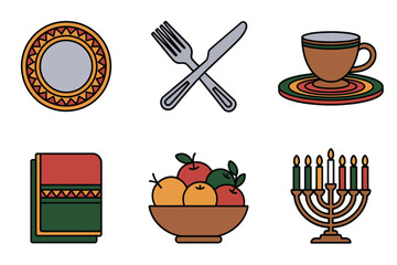 Outline color icons for festive gathering, illustrating plate, cutlery, cup, fruit bowl, and Kinara candle holder,