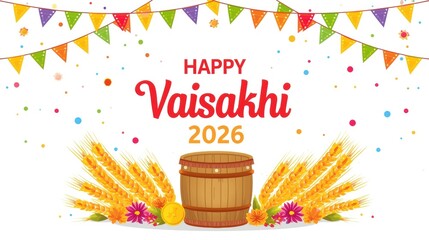 Happy vaisakhi 2026 celebration with wheat and bunting