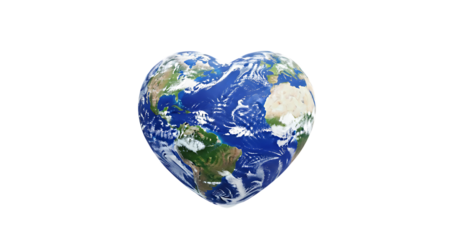 Heart shaped planet earth isolated on transparent background