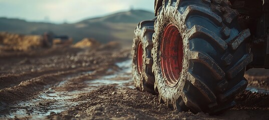 Close up of tractor wheels on a muddy road in a rural area with hills in the background