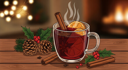 Cozy Winter Warm Drink with Spices and Orange Slice next to Pine Cones