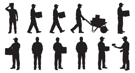 Silhouette of delivery man in different poses carrying boxes, pushing wheelbarrow courier delivering package, parcel, order, vector illustration
