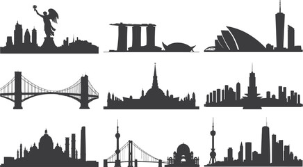 Obraz premium Architectural Cityscape Silhouette Landmarks Travel Destination Black and White Vector Illustration