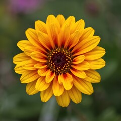 Vibrant yellow and orange daisy flower with dark center in soft focus background