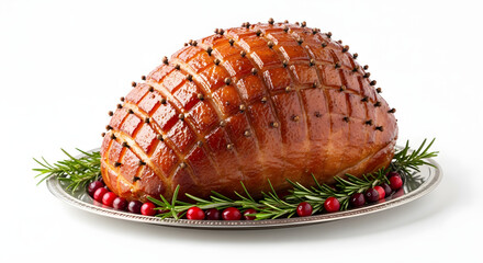 Festive Glazed Ham with Cranberries and Rosemary on a Serving Platter