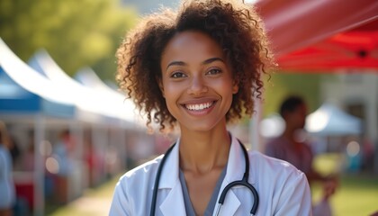 Smiling young Black woman doctor wears white lab coat, stethoscope. Stands at outdoor community health fair event. Healthcare pro promotes wellness checks, preventive care, interacting with diverse