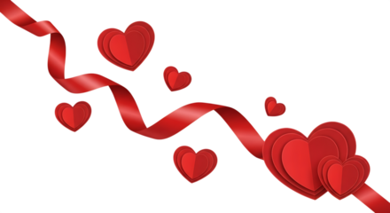 Red ribbon and hearts flowing on a transparent background isolated on transparent background