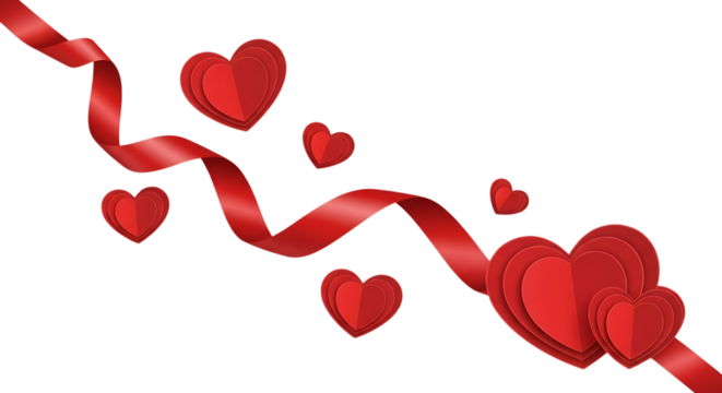 Red ribbon and hearts flowing on a transparent background isolated on transparent background