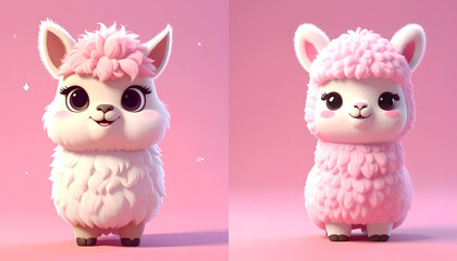 set cartoon illustration of cute ilama on pink background
