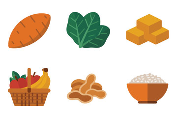 Detailed flat vector icons for ceremonial dining, showing Seder plate, matzah, bitter herbs, and essential religious food,