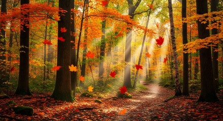 A sun-drenched forest path in autumn, with vibrant leaves falling from trees onto the ground, creating a magical and serene atmosphere