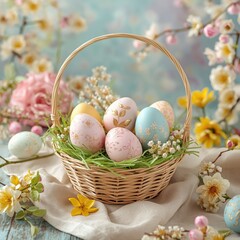 Easter basket filled with pastel painted eggs and spring flowers