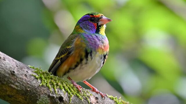 Vibrant exotic bird with colorful plumage perched on a mossy branch in a lush green natural habitat