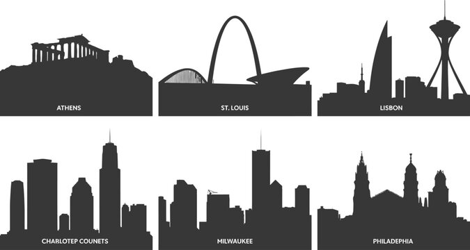 Iconic Cityscape Silhouettes Athens St. Louis Lisbon Chablotep Cpunets Milwaukee Philadelphia