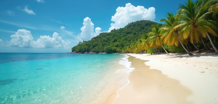 Exotic island beach view with mountain. Palm trees grow at sea coast with turquoise water. Idyllic summer scene for holiday travel vacation in tropical paradise resort.