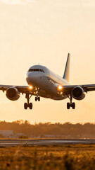 An airplane approaches the runway during sunset, with landing lights illuminated. The warm glow of the sky enhances the scene.
