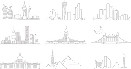 Fototapeta premium Outline Cityscape Collection Vector Architecture Linear Landmarks Urban Skyline Silhouette