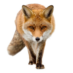 Naklejka premium Fox's Steady Stride: A red fox confidently strides forward, its focused gaze meeting the viewer's with intensity, showcasing the animal's natural elegance.