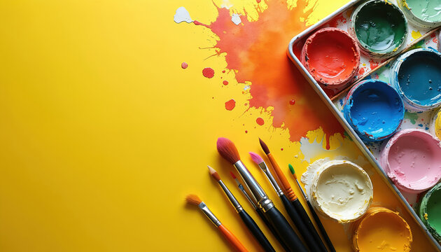 Artistic setup features paints brushes, palette. Bright yellow background with splatters. Concept showcases arts education supplies creative tools for painting drawing, artistic projects on canvas.