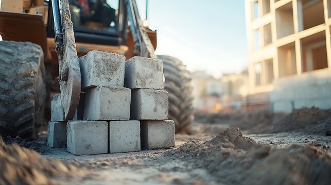 Bulldozer working on construction site with concrete blocks, preparing the ground for building a new structure